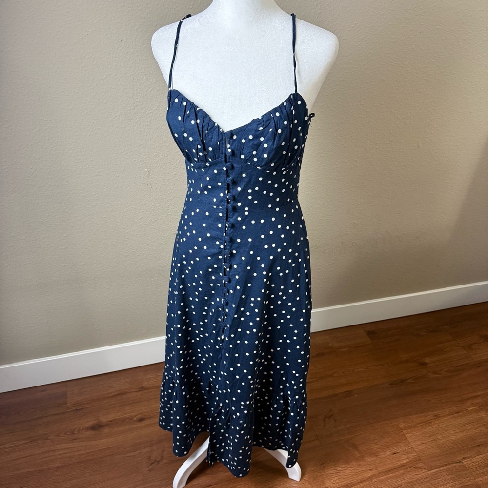 Zara Linen Blend Polka Dot Slip Midi Dress Navy - Picture 5 of 10